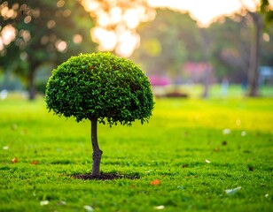 Small, spherical tree bathed in warm sunlight on grassy field