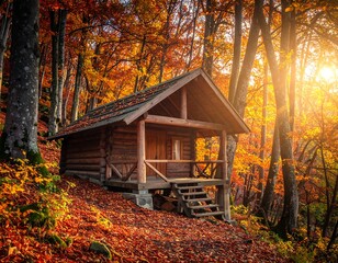 Cozy wooden cabin nestled in a vibrant autumn forest bathed in sunlight