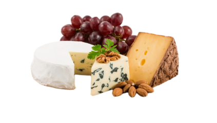 Assortment of gourmet cheeses, including brie and blue cheese, paired with fresh grapes and almonds, elegantly presented on a white background