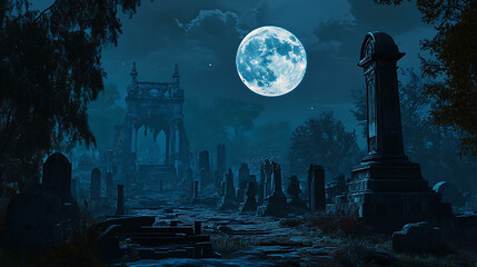 A graveyard at night with a full moon shining brightly above