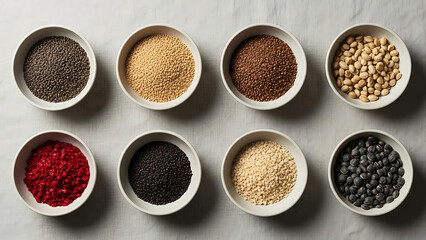 A vibrant overhead display of diverse spices, grains, and legumes in separate bowls, showcasing a rich variety of culinary ingredients for healthy eating and global flavors