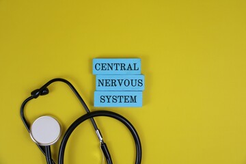 Central Nervous System Health Concept With Stethoscope And Blue Blocks On yellow Background