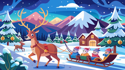 Vector illustration of Santa Claus in sleigh pulled by reindeer at night © sumona