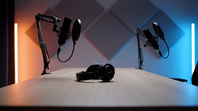 modern content creator podcast studio empty scene clean design two studio microphones mounted on boom arms headphones on desk soft ambient lighting warm orange and cool blue led accents acoustic panel