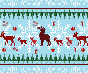  Seamless Christmas knit pattern featuring reindeer family, snowflakes, pine trees, hearts, mittens and socks in pixel art and Nordic style. Cozy winter holiday design 