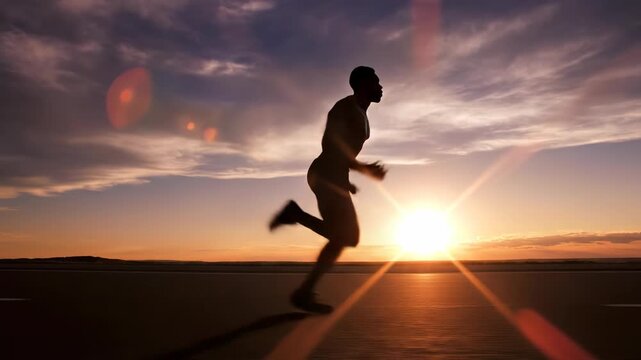A man running on a road during a beautiful sunset with a lens flare effect