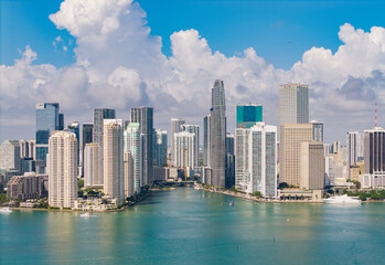 Naklejka premium Aerial view of Brickell skyline in downtown Miami. Skyscrapers above Miami. Scenic panorama of Brickell financial district. Brickell in Miami city. Brickell Urban landscape with buildings cityscape.
