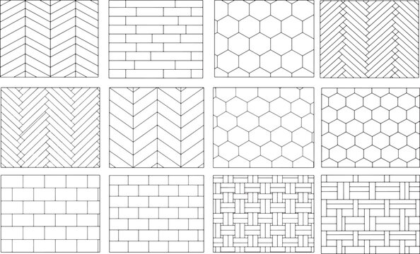 Variety of geometric tile patterns for interior design or graphic design uses, offering a visually captivating and versatile texture option.