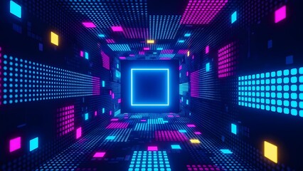 Futuristic neon tunnel with glowing geometric shapes in vibrant colors