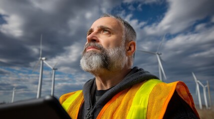 Environmental Services Manager Assessing Sustainability Goals at Wind Farm: Hi-Detail Softbox Lit Shot with Dramatic Angle