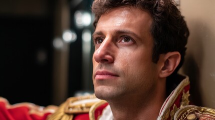 Theatrical Anticipation: Actor in Period Costume Backstage - Softbox Lighting POV Shot with Hi-detail and Leading Lines