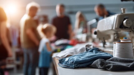 Quality Control in Garment Production Line - Workers Inspecting Clothing under Harsh Sunlight, Dreamy Aesthetic, Wide Shot