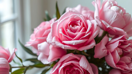 Bouquet of pink roses in a vase on the windowsill