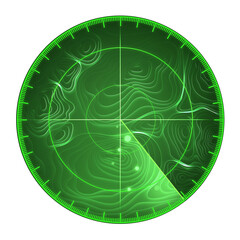 Radar system screen in green color tones on transparent background. 3D illustration