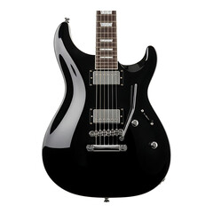 black electric guitar with sleek body isolated on white background for modern music and stage performance use