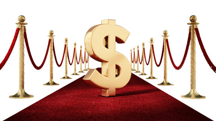 Dollar sign standing on red carpet with velvet ropes on both sides on transparent background. 3D illustration