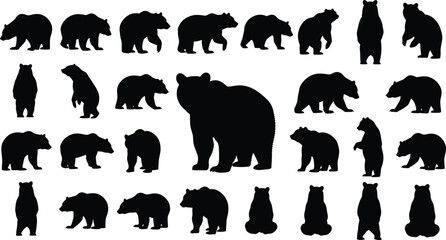 Collection of diverse black bear silhouettes in various dynamic poses © Milon Store