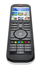 Generic modern smart TV remote control with color display on transparent background. 3D illustration