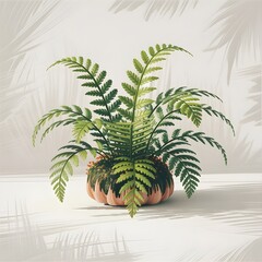 A vibrant green fern plant growing in a pumpkin pot on a light background leaves