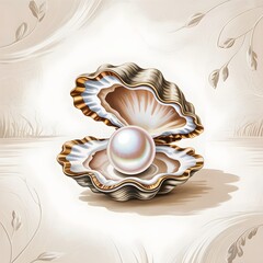 Open seashell with a pearl resting on a decorative beige background