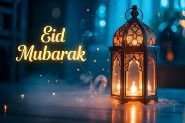 Ornate lantern with lit candles and Eid Mubarak text in a blue-lit setting light smoke