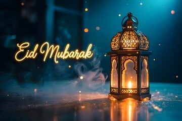 Ornate lantern with glowing candle and eid mubarak text on a dark background light smoke