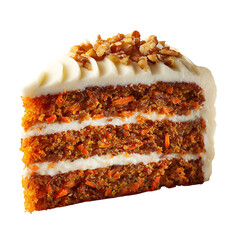 Slice of carrot cake with cream cheese frosting and walnut topping on transparent background