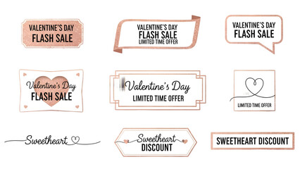 A collection of valentines day sale and discount tags on a pure transparent background
