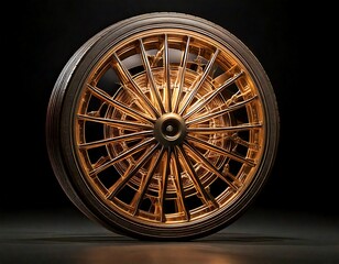 Close-up shot of a detailed golden wheel rim with intricate spokes against a dark background, showcasing its craftsmanship