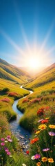 Sun-drenched meadow with vibrant wildflowers, green hills, and a winding stream under a clear blue sky,  stream, spring