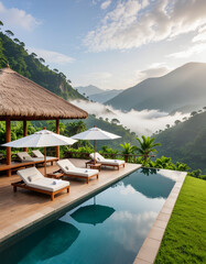 Tropical Vacation Concept: Relaxing Poolside Terrace with Umbrellas and Stunning Mountain Views