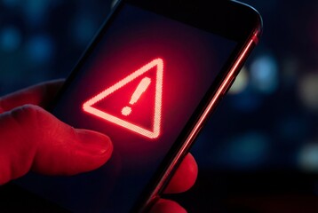 Hand holding smartphone displaying red glowing triangle warning sign with exclamation mark on screen
