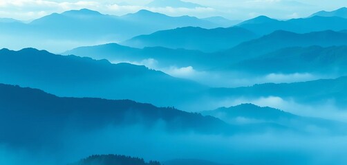 Ethereal washes of blues and greens evoke serene, misty mountains and valleys,  misty,  spiritual