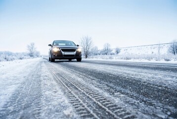Dark car driving on icy road with deep tire tracks in foreground during cold winter day