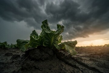 Single lettuce vegetable growing in field against ominous dark storm clouds and orange sunset