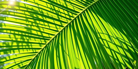 Large vibrant green tropical palm leaf, sunlight dappled,  detail,   high resolution