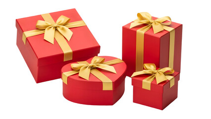 Obraz premium Three red gift boxes with gold bows isolated on transparent background for holiday or birthday occasions
