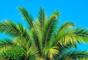 Lush green palm tree against a vibrant blue sky, paradise, sun