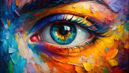 Abstract oil painting of a colorful human eye with vibrant hues