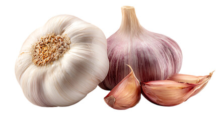 Two whole garlic bulbs and several cloves on transparent background, fresh healthy spice