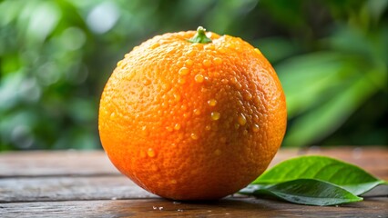Fresh orange with water droplets on a wooden table