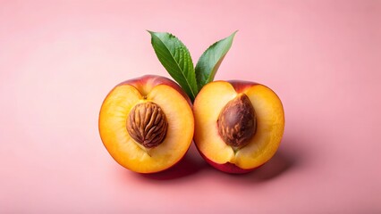 Two halves of a ripe peach with pit and green leaves
