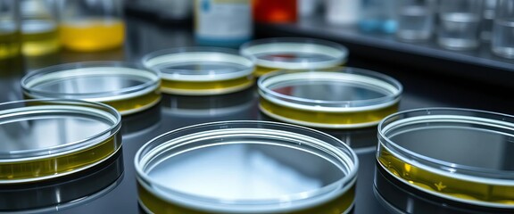 Close-up view of sterile petri dishes on a lab table,   agar,  research