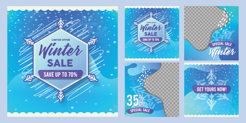 Winter sale promotional graphics with snowflake designs and discount offers for seasonal marketing for invitation, banner, flyer, advertising