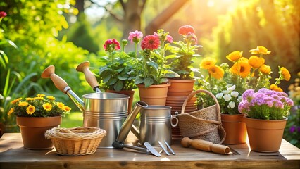 Gardening tools and potted flowers on wooden table at sunrise