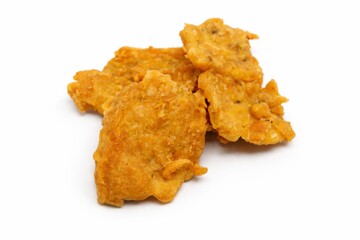 Crispy Golden Fried Tempeh Slices Isolated on White Background