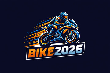 A modern and dynamic bike riding logo design featuring a high-speed sport motorcycle with a professional rider in full racing gear. The bold logo text &ldquo;BIKE2026&rdquo; is styled in powerful typography.