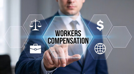 Businessman selecting workers compensation option on virtual digital interface