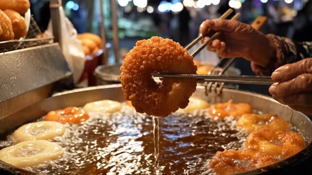 Close-up of hands using chopsticks to fry golden brown doughnuts in hot oil at a bustling night market, showcasing traditional street food preparation under warm, ambient lighting: frying