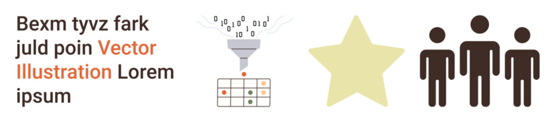 Obraz premium Data analysis, teamwork, rating systems, human resources, digital processing, performance evaluation. Binary funnel filtering into grid, star and group of people icons. Data analysis and teamwork